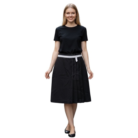 Black Pleated Skirt White Accents Knee‎ Length Career Office Business - Picture 2 of 9
